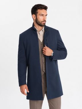 Moderný tmavo modrý kabát s vysokým golierom V2 COWC-0117