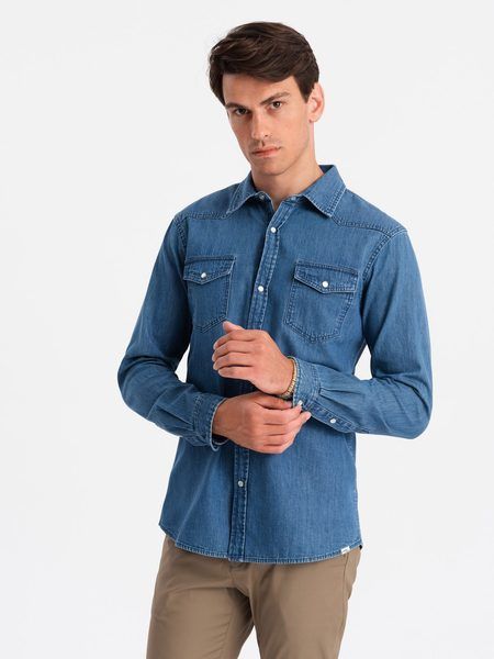 Džínsová modrá pánska košeľa V2 SHDS-0115