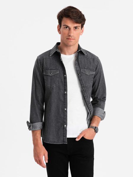 Džínsová čierna pánska košeľa V3 SHDS-0115
