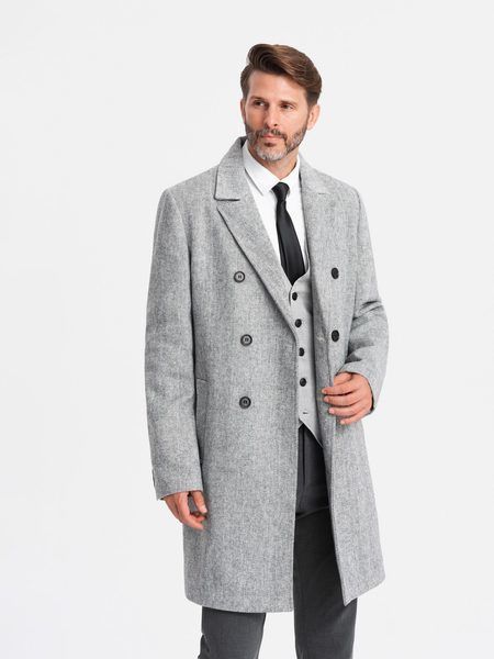 Elegantný pánsky šedý dvojradový kabát V1 COWC-0118
