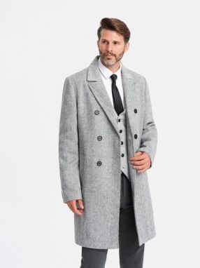 Elegantný pánsky šedý dvojradový kabát V1 COWC-0118