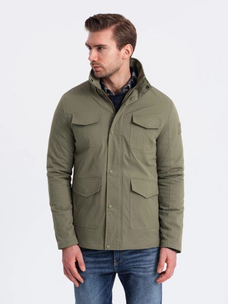 Pánska khaki bunda s vysokým golierom a vreckami V3 JALP-0167
