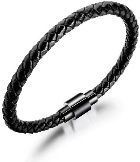 Kožený čierny pletený náramok SL-030