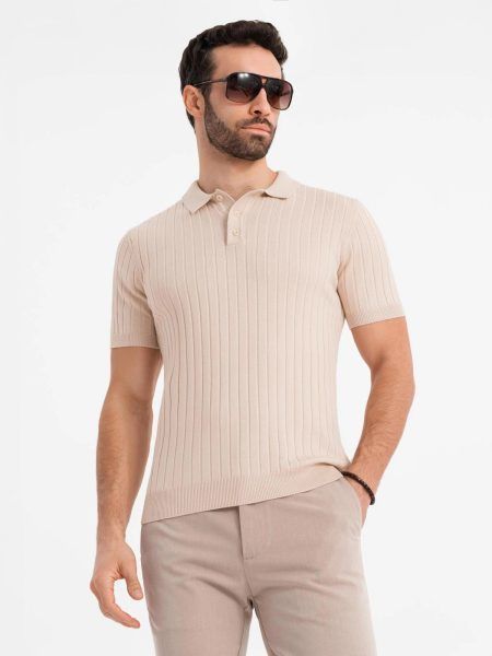 Pánska béžová SLIM FIT pruhovaná polokošeľa V2 POSS-0143
