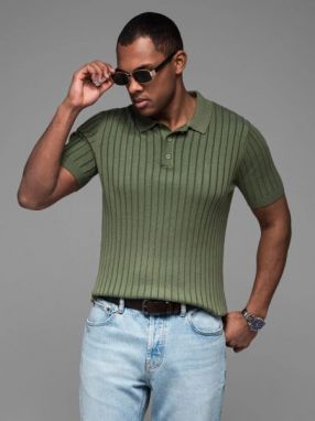 Pánska olivová SLIM FIT pruhovaná polokošeľa V4 POSS-0143