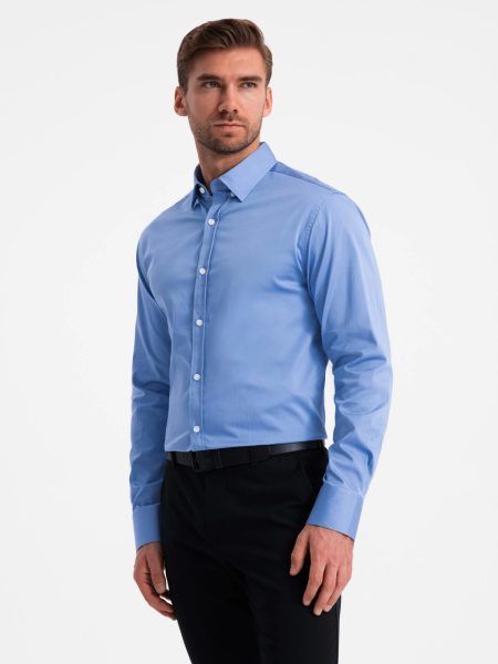 Módna modrá hladká slim-fit košeľa V2 SHOS-0176