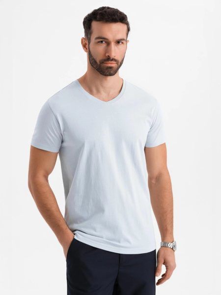 Basic bavlnené šedé tričko s V-výstrihom V23 TSBS-0237
