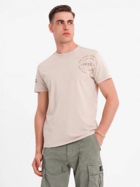 Pánske béžové tričko s trendy nápisom V1 TSFP-0225