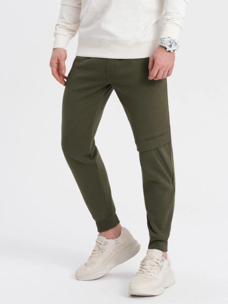Olivové tepláky s trendy prešívaním V3 PASK-0147