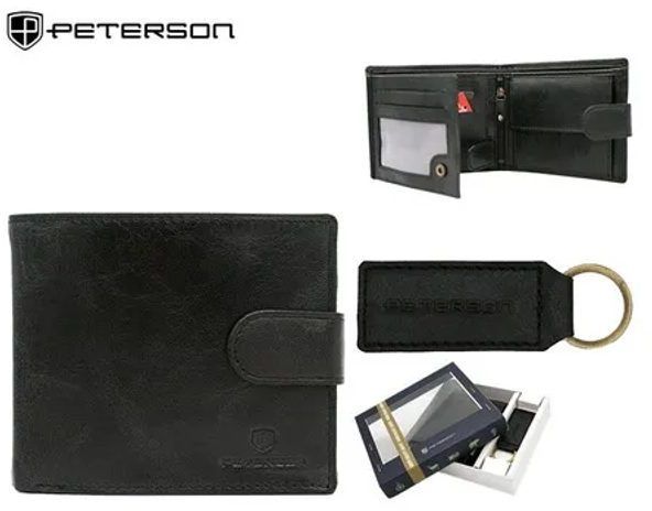 Čierny kožený set Peterson - peňaženka a kľúčenka