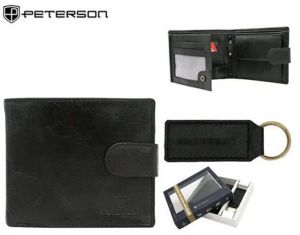 Čierny kožený set Peterson - peňaženka a kľúčenka