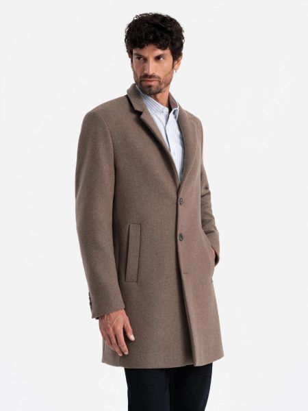 Elegantný hnedý kabát jednoradový V1 COWC-0114