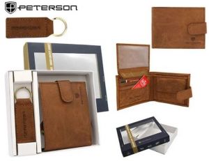 Svetlohnedý kožený set Peterson - peňaženka + kľúčenka