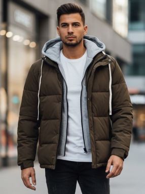 Zaujímavá khaki zimná bunda s kapucňou