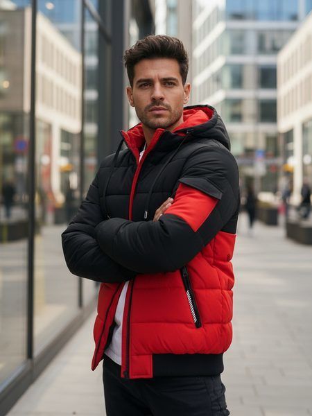 Pánska zimná bunda s kapucňou v čierno-červenom prevedení