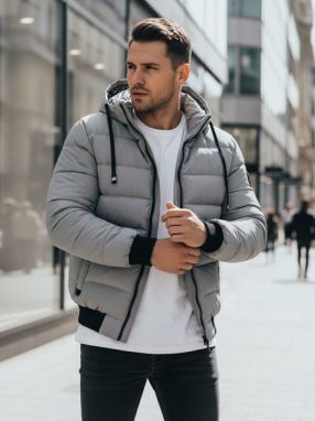 Nadčasová šedá zimná bunda s kapucňou