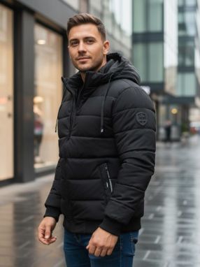 Nadčasová čierna zimná bunda s kapucňou