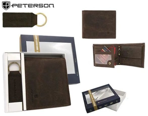 Módny tmavohnedý kožený set - peňaženka a kľúčenka