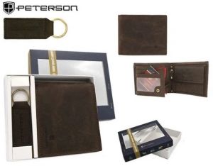 Módny tmavohnedý kožený set - peňaženka a kľúčenka