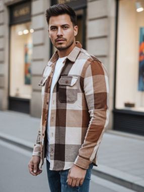 Kockovaná flanelová košeľa s náprsnými vreckami v hnedej farbe