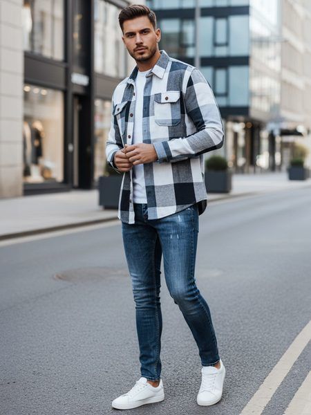 Kockovaná flanelová košeľa s náprsnými vreckami v modrej farbe