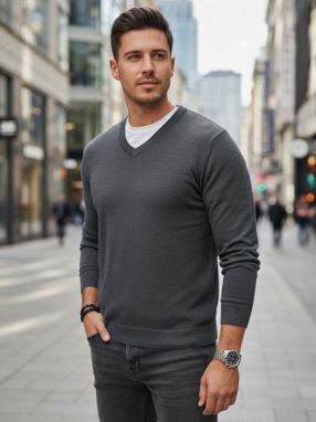 Základný grafitový pánsky sveter s v-výstrihom