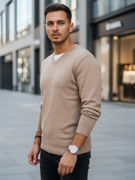 Základný hnedý pánsky sveter s v-výstrihom