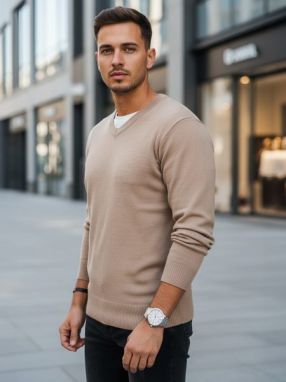 Základný hnedý pánsky sveter s v-výstrihom