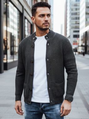 Štýlový šedý sveter pre pánov so zapínaním na gombíky