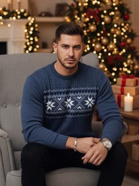 Módny modrý sveter s jedinečným vzorom
