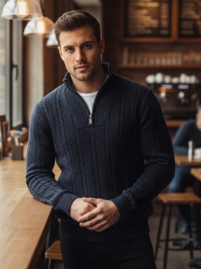 Vzorovaný pánsky sveter so zipsom modrý