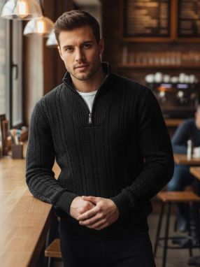 Vzorovaný pánsky sveter so zipsom čierny