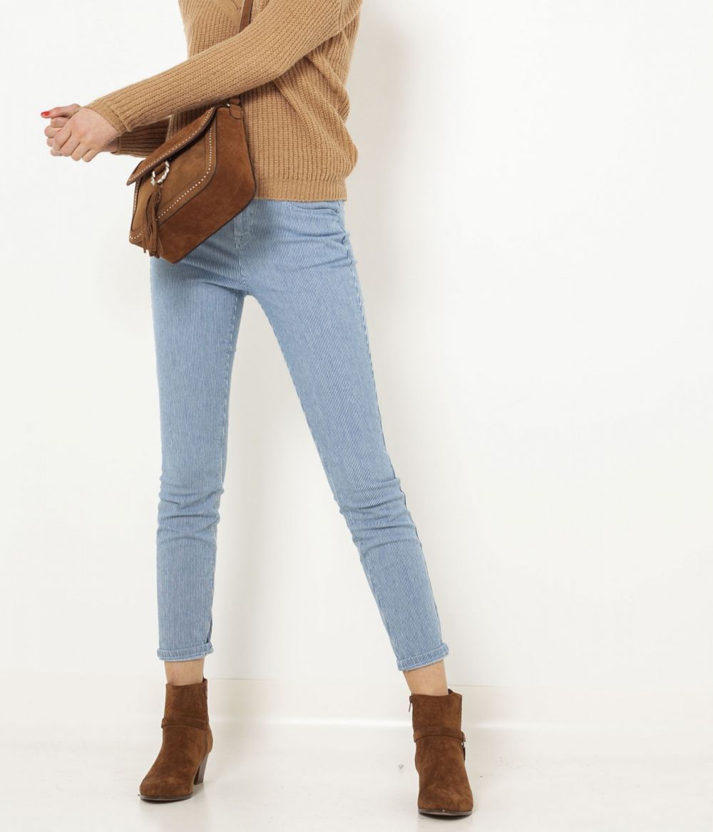CAMAIEU modré slim fit skrátené pruhované nohavice
