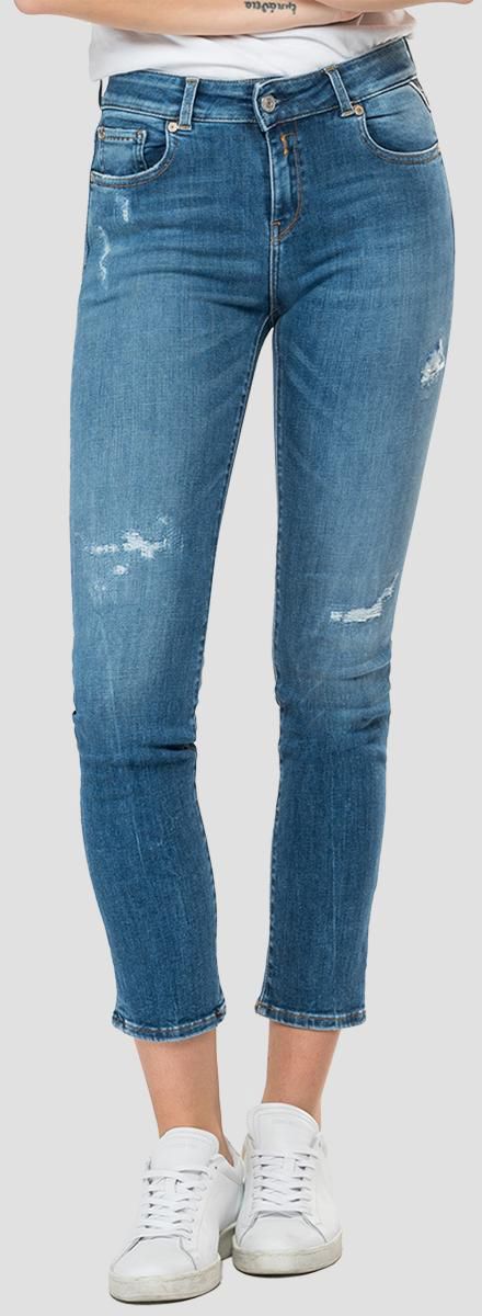 Modré dámske džínsy slim fit strihu s roztrhaným efektom Replay