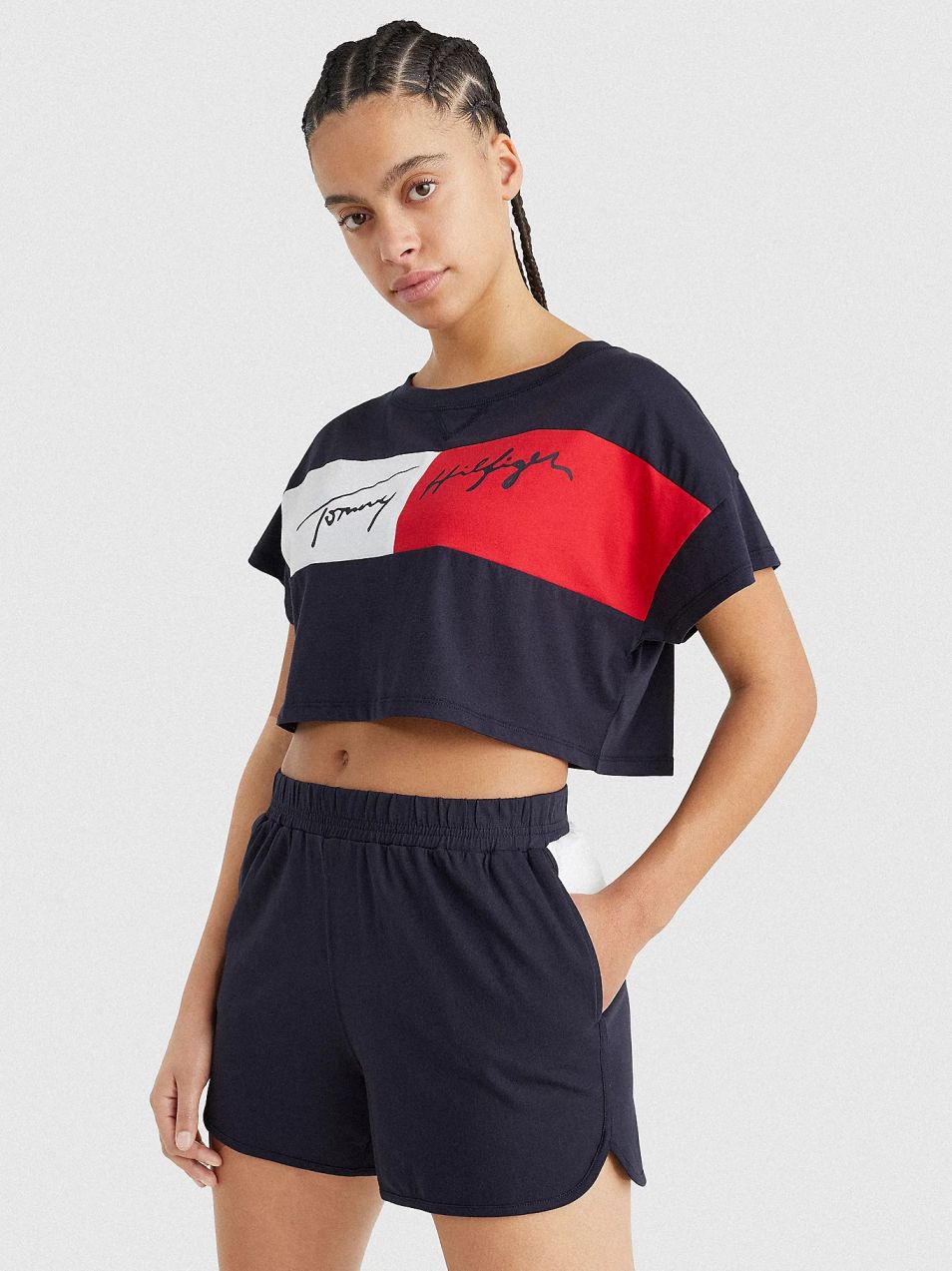 Tmavomodré dámske vzorované cropped tričko Tommy Hilfiger