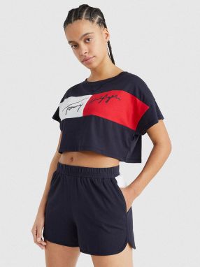 Tmavomodré dámske vzorované cropped tričko Tommy Hilfiger