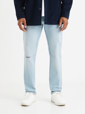 Svetlomodré pánske straight fit džínsy s potrhaným efektom Celio Vomarble
