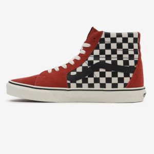 Červené pánske vzorované kožené členkové tenisky VANS UA SK8-Hi