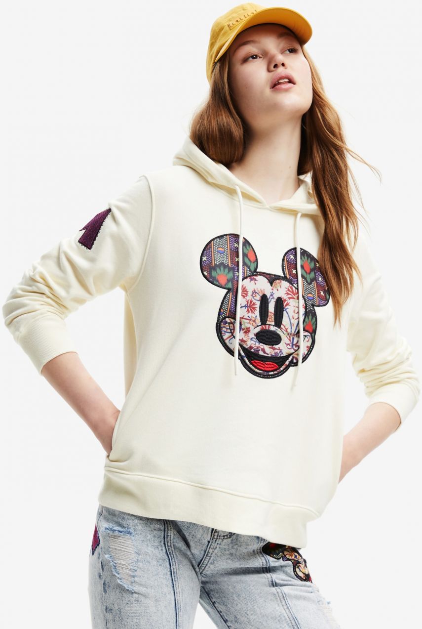 Krémová dámska mikina s kapucňou Desigual Face Patch Mickey