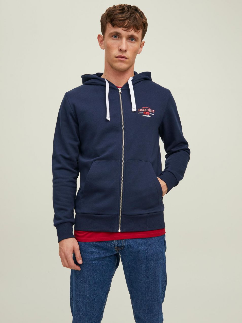 Tmavomodrá mikina s kapucňou na zips Jack & Jones Stamp