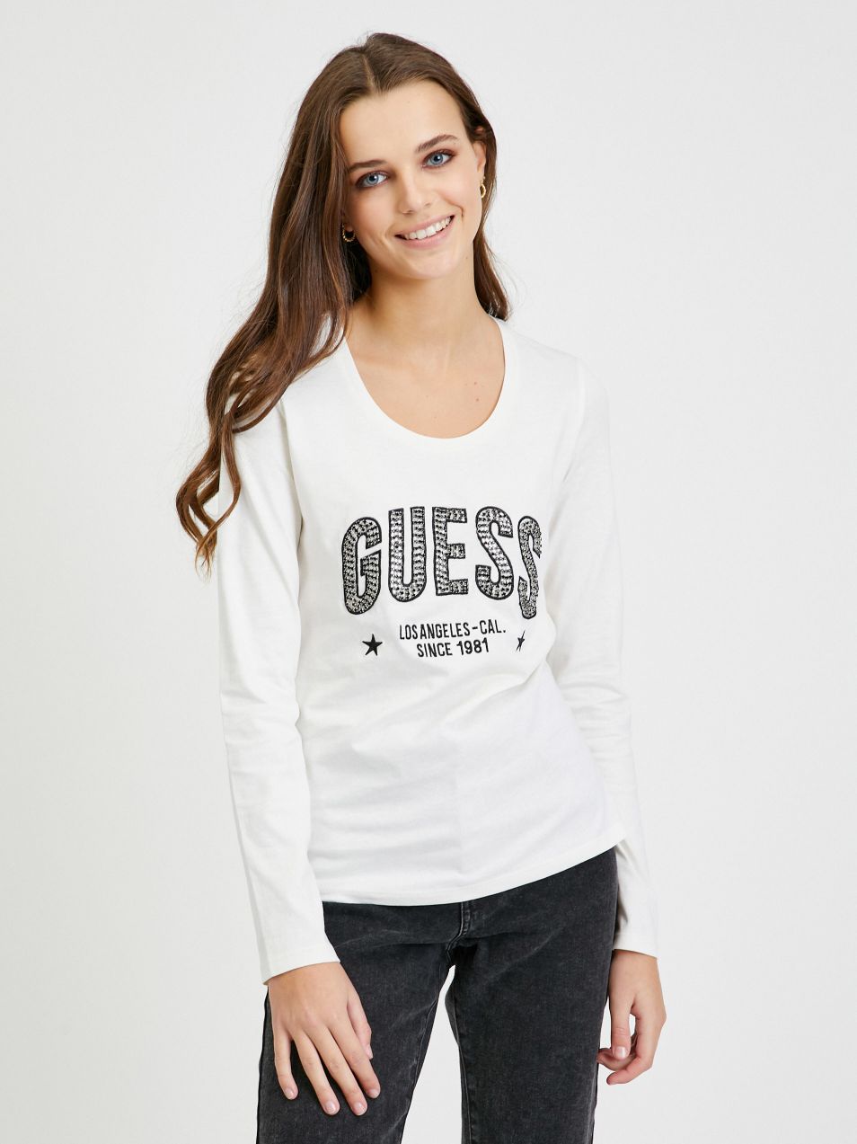Tričká s dlhým rukávom pre ženy Guess - biela