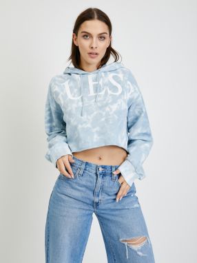 Svetlomodrá dámska batikovaná crop mikina s kapucňou Guess Tie Dye