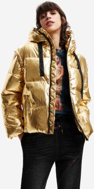 Dámska prešívaná zimná bunda s kapucňou v zlatej farbe Desigual Jiman