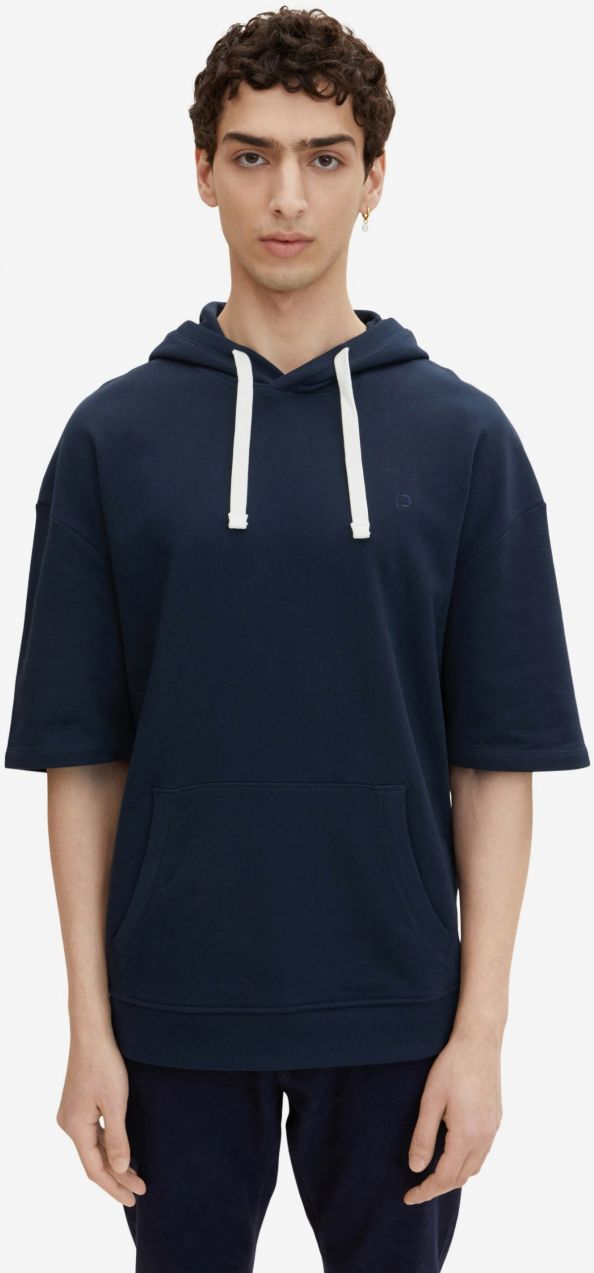 Tmavomodrá pánska mikina s kapucňou a s krátkym rukávom Tom Tailor Denim