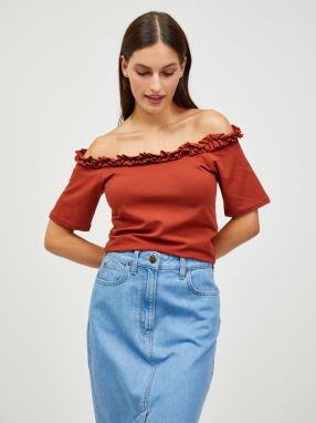 Hnedý crop top s odhalenými ramenami Pieces Leah