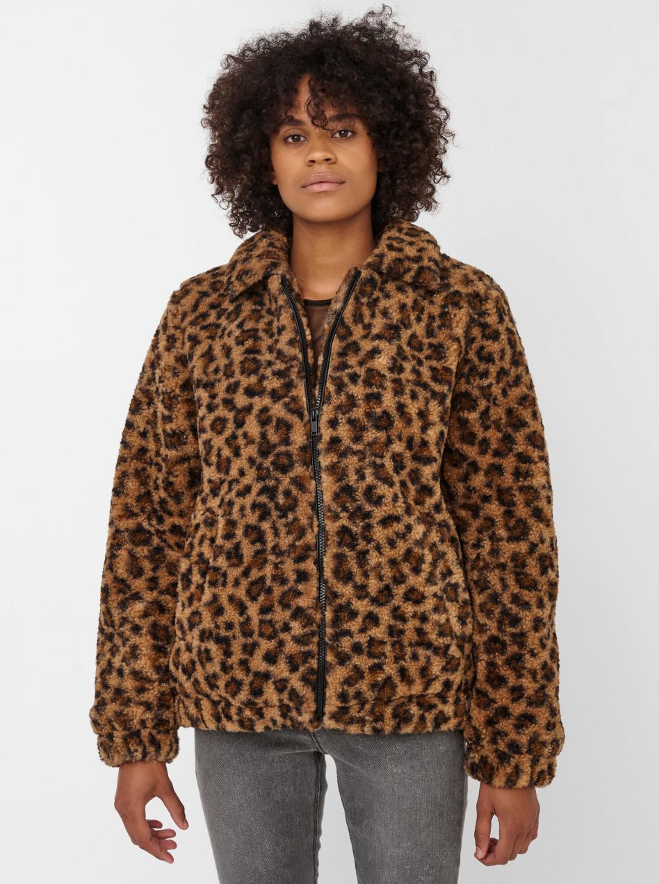 Hnedá bunda s leopardím vzorom a umelým kožúškom Noisy May Gabi