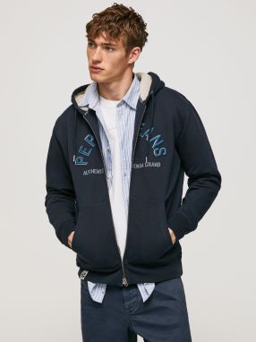 Tmavomodrá pánska mikina so zipsom a kapucňou s kožušinou Pepe Jeans Pace