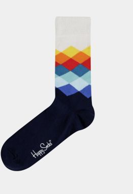 Bielo-modré unisex ponožky s farebnými kockami Happy Socks Faded Diamond