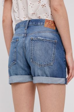 Rifľové krátke nohavice Pepe Jeans dámske, jednofarebné, stredne vysoký pás galéria