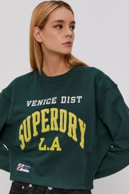 Bavlnená mikina Superdry dámska, zelená farba, s nášivkou